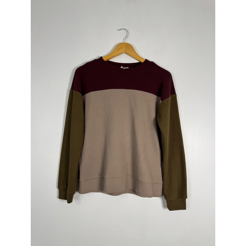 Cottagecore Hem & Thread Womens Small Waffle Knit Top Colorblock Earthy Burgundy